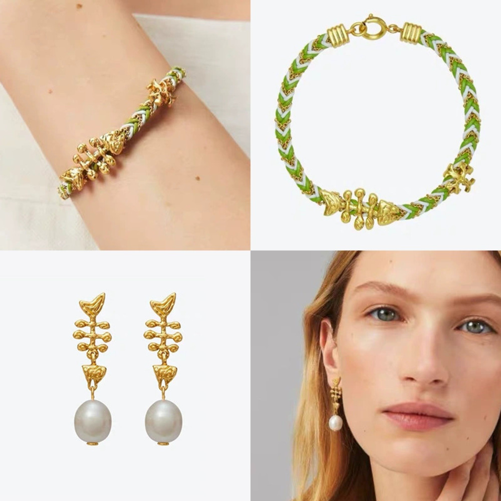 Tory Burch Gold Plated Double Fishbone Freshwater Pearl Stud Braided Rope